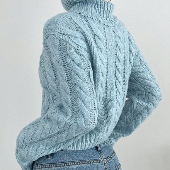 Blue Casual Womens Turtleneck Cable Knit Turtleneck Crop Sweater - Picture 7 of 7